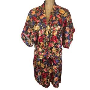 Circa 2000 Vintage Y2K Floral Kimono Robe Belted Tie Waist Made in USA One Size